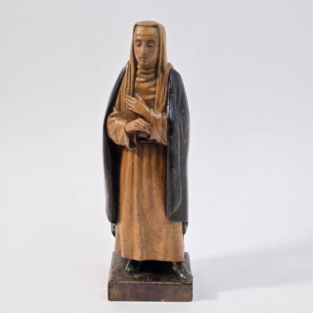 Vintage Hand Carved Solid Wood Nun Statue Signed Frutos 8" Religious Figurine